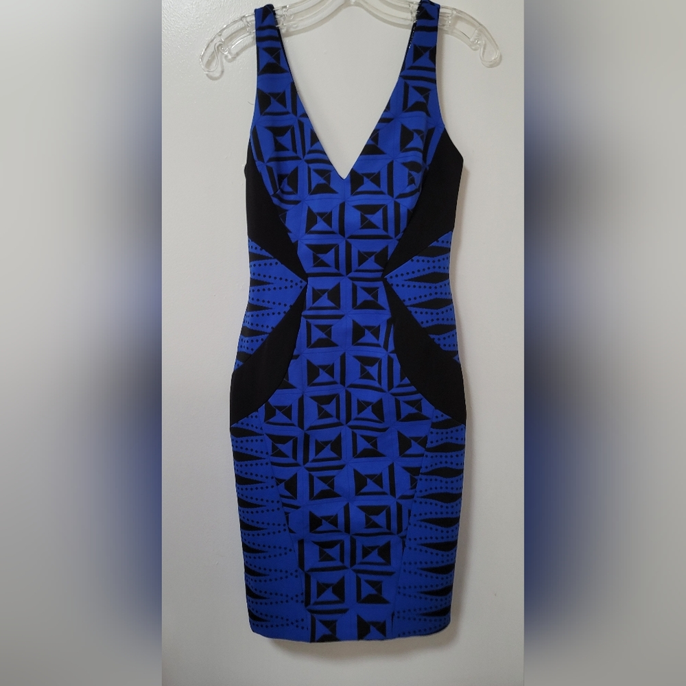 New Lotus Threads Blue Black Geo Print Bodycon Sleeveless Dress Size Small